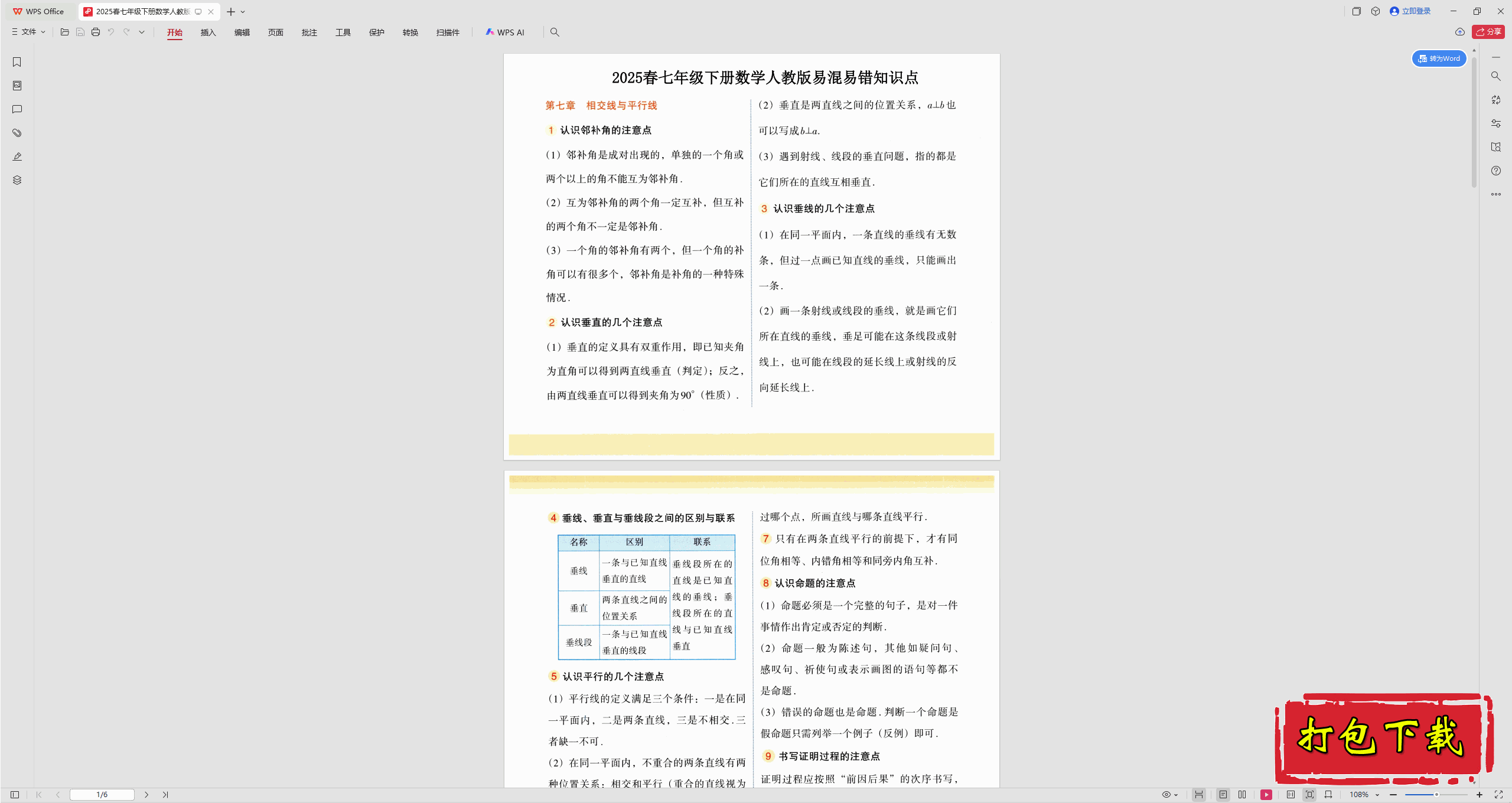 2025人教版数学七年级下册：易混易错知识点PDF